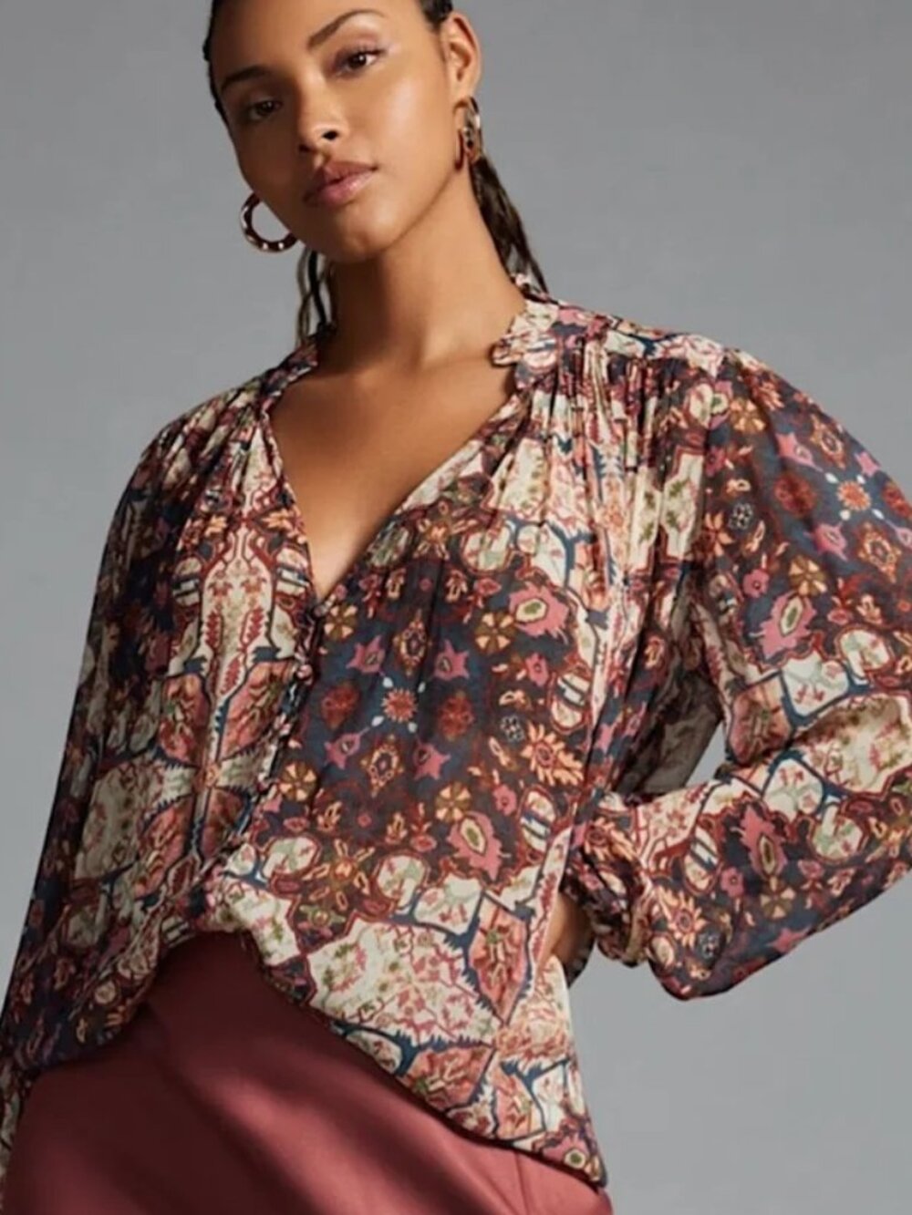 Anthropologie Estela Balloon Sleeve Printed Blouse Top